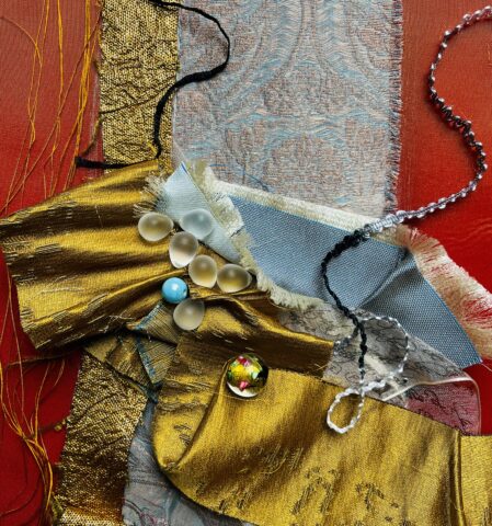 Composition assemblage tissus haute couture et tissus d’ameublement sur soie tendue.